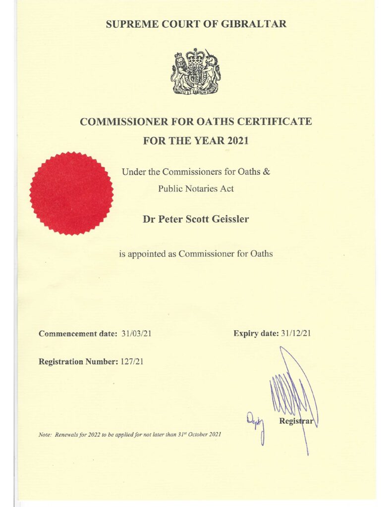 Commissioner for Oaths certificate for Peter Geissler
